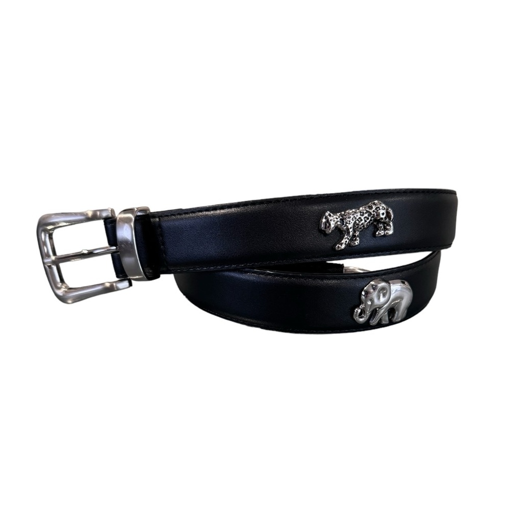 Black Safari Belt Leather w/ Cheetah & Elephant Medium